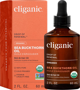 Cliganic bottle front view showing organic sea buckthorn oil for pure skin care