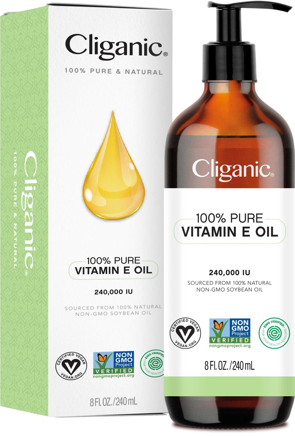 Cliganic bottle front view showing label and size, highlights purity