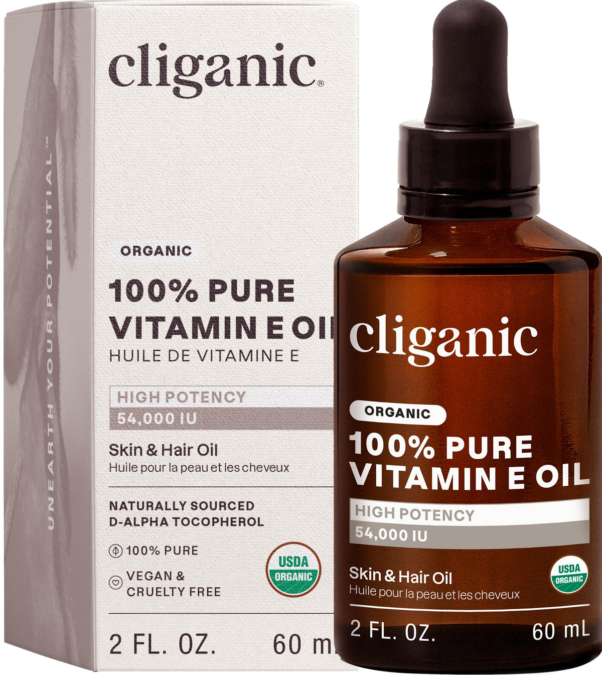 Cliganic front packaging showing bottle and label, clear branding and size benefit