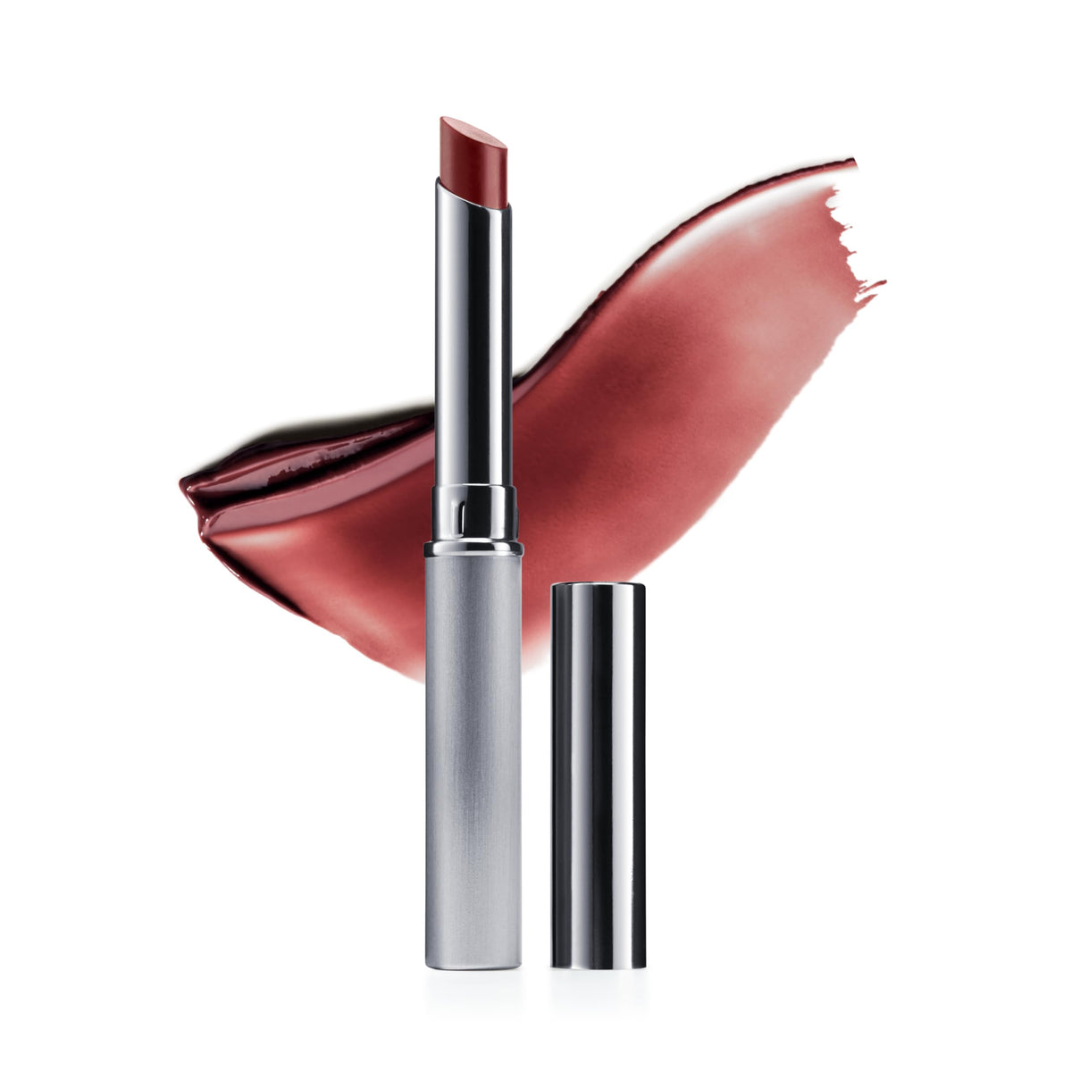 Clinique Almost Lipstick tube front showing shade Nude Honey and glossy finish benefit