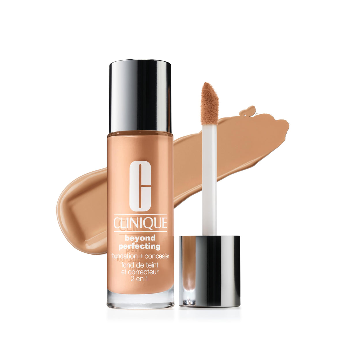 Clinique foundation bottle front view showing sleek packaging and shade beige benefit