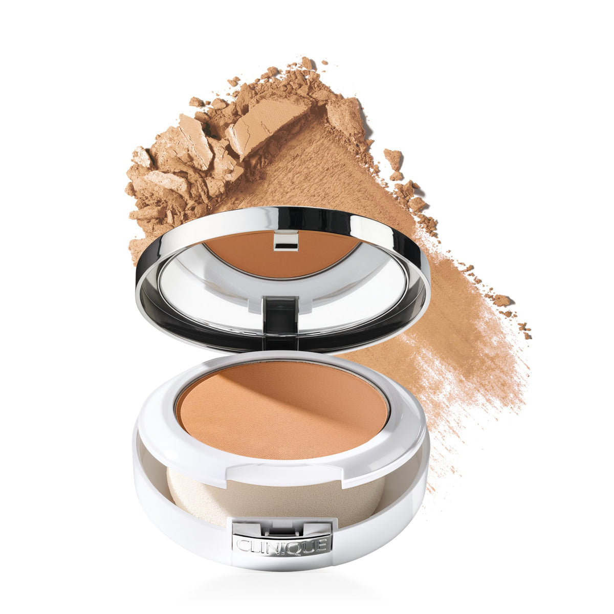 Clinique compact front view showing shade Honey and compact design for easy touch-ups