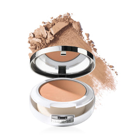 Clinique compact front view showing product branding and portable design benefit