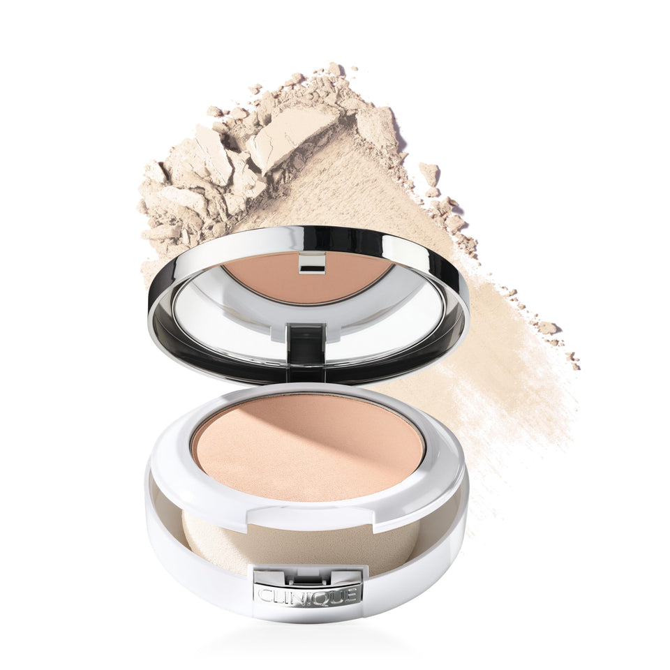 Clinique front compact showing closed powder compact and label for quick touch-ups