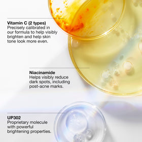 Clinique bottle beside ingredients, illustrating targeted brightening and soothing benefit