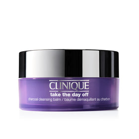 Clinique jar front view showing charcoal cleansing balm and clear labeling benefit quick removal
