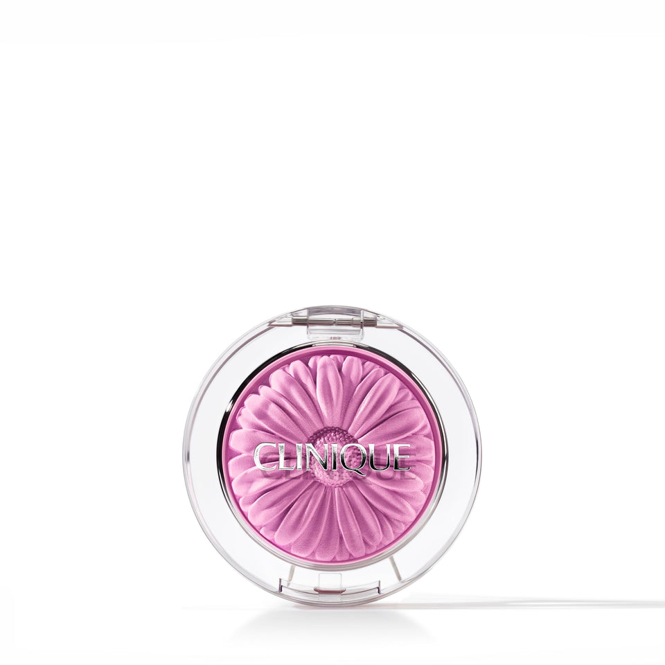 Clinique Cheek Pop front pan showing Pansy Pop vibrant color and compact design benefit
