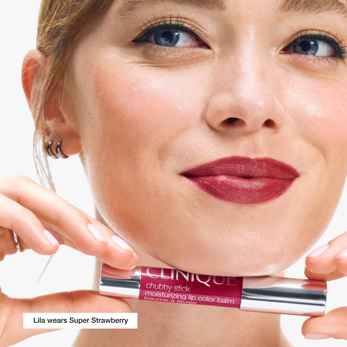 Clinique Chubby Stick Super Strawberry swatch on skin showing buildable pink-red color payoff