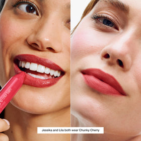 Clinique Chunky Cherry swatch on skin demonstrating buildable color and natural sheen