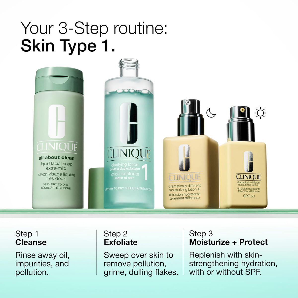 Clinique Clarifying Lotion 1 staged on bathroom shelf in routine setting to show daily use benefit