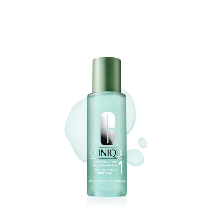Clinique front packaging of Clarifying Lotion 1 showing bottle and cap, clear identification and benefit