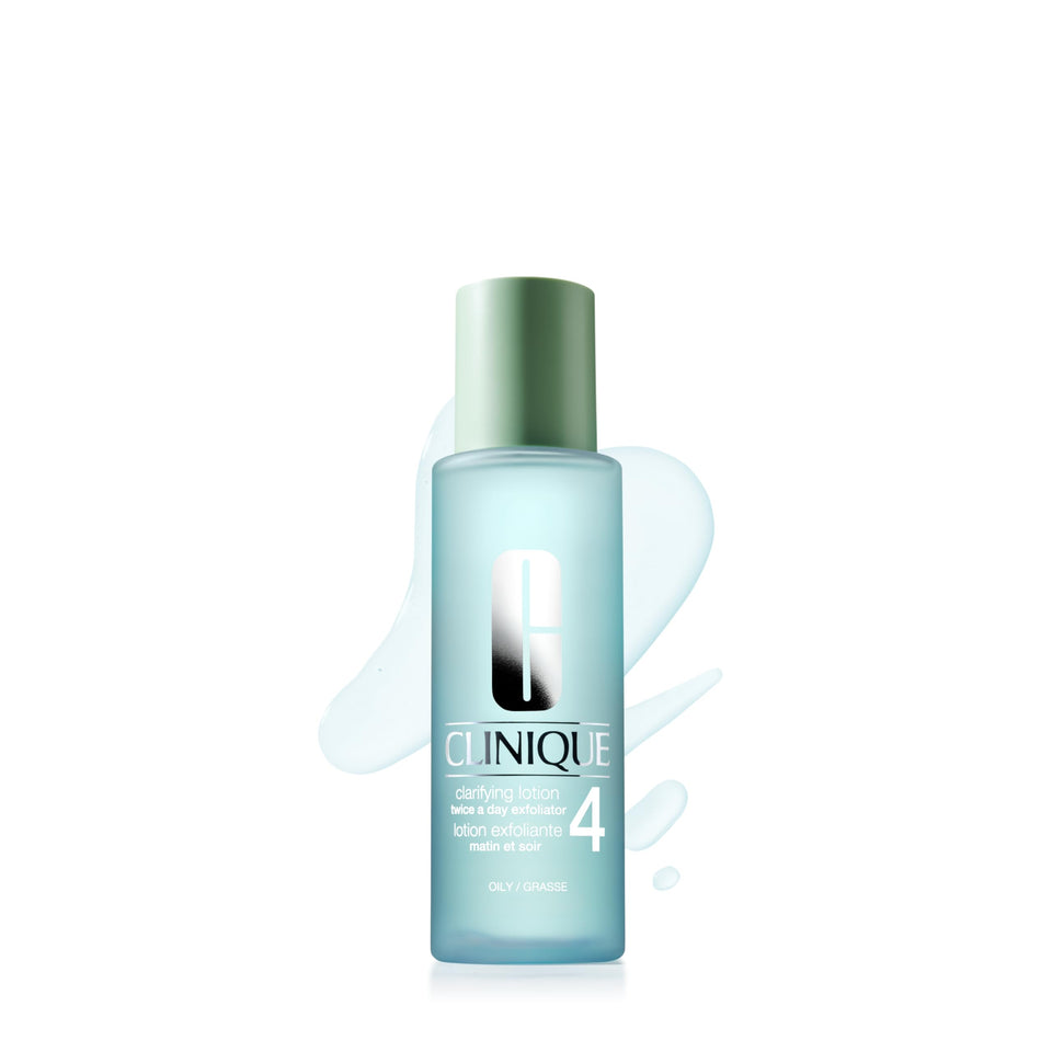 Clinique bottle front packaging showing Clarifying Lotion 4 for oily skin benefits