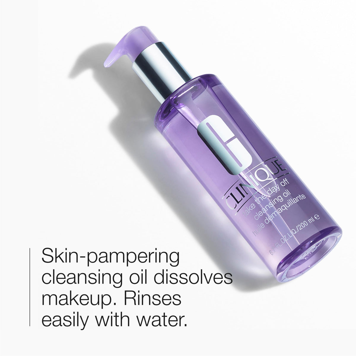 Clinique cleansing oil pump and label detail highlighting application convenience