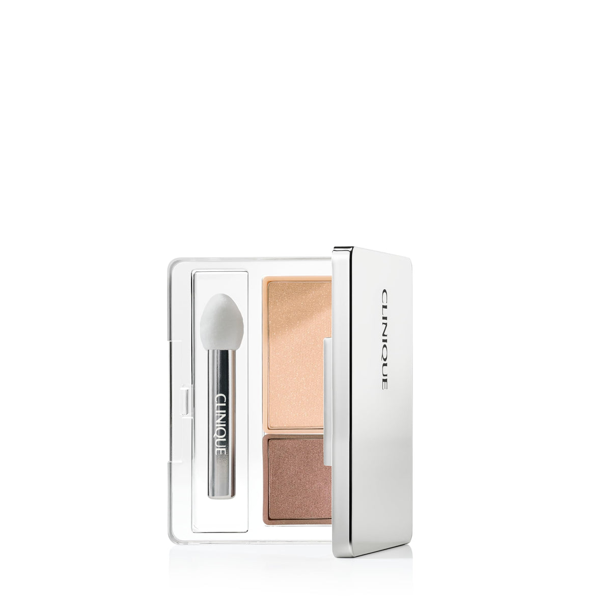 Clinique duo compact front view showing two coordinated shades and mirrored lid for convenience
