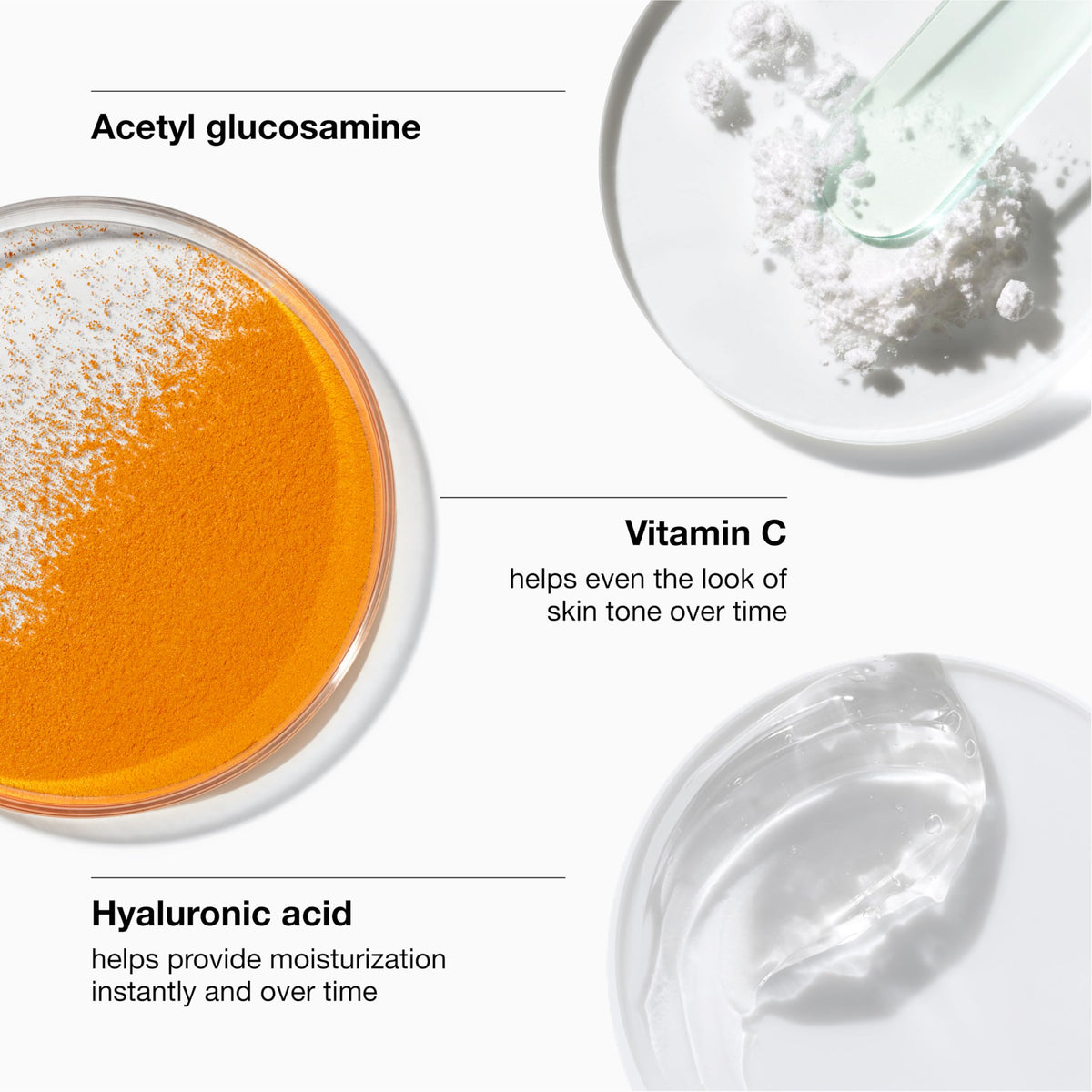 Clinique ingredient panel highlighting vitamin C and hyaluronic acid benefits for radiance