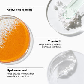 Clinique ingredient panel highlighting vitamin C and hyaluronic acid benefits for radiance