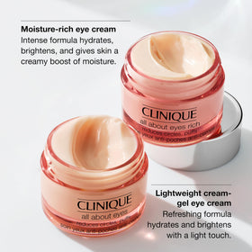 Clinique product being gently tapped under eye to reduce puffiness