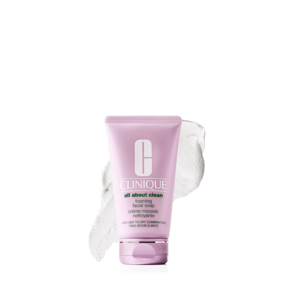 Clinique front bottle showcasing clean foaming face wash and packaging benefit