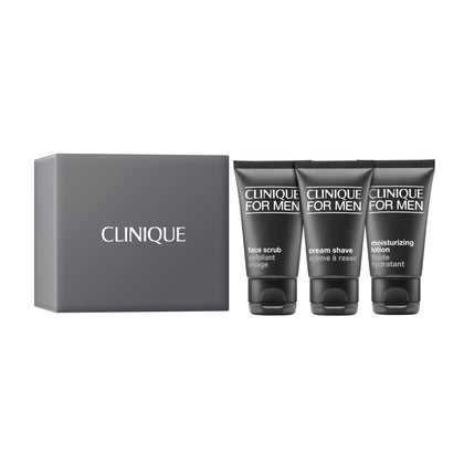 Clinique front packaging showing the three-piece travel set benefit convenience