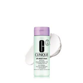 Clinique front bottle micellar milk showing product packaging and volume benefit