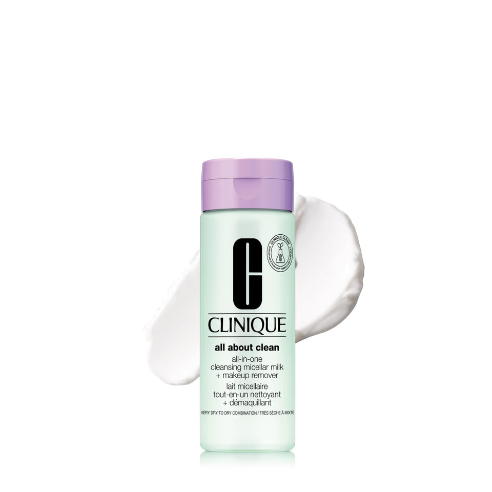 Clinique front bottle micellar milk showing product packaging and volume benefit