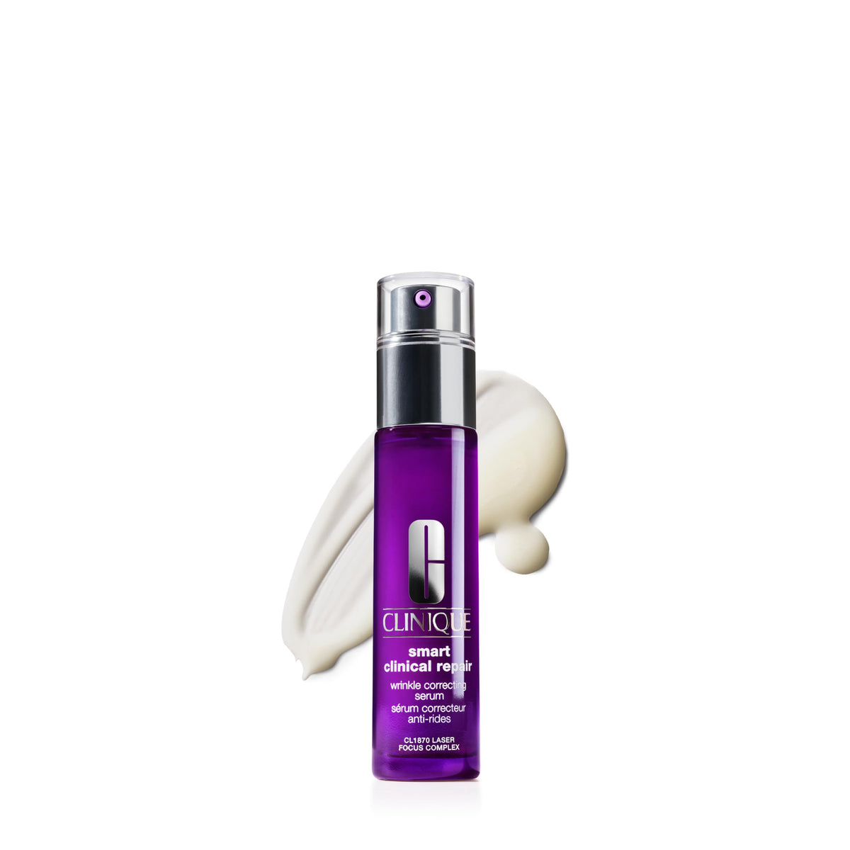 Clinique front packaging of Smart Clinical Repair serum showing clear bottle and label benefit