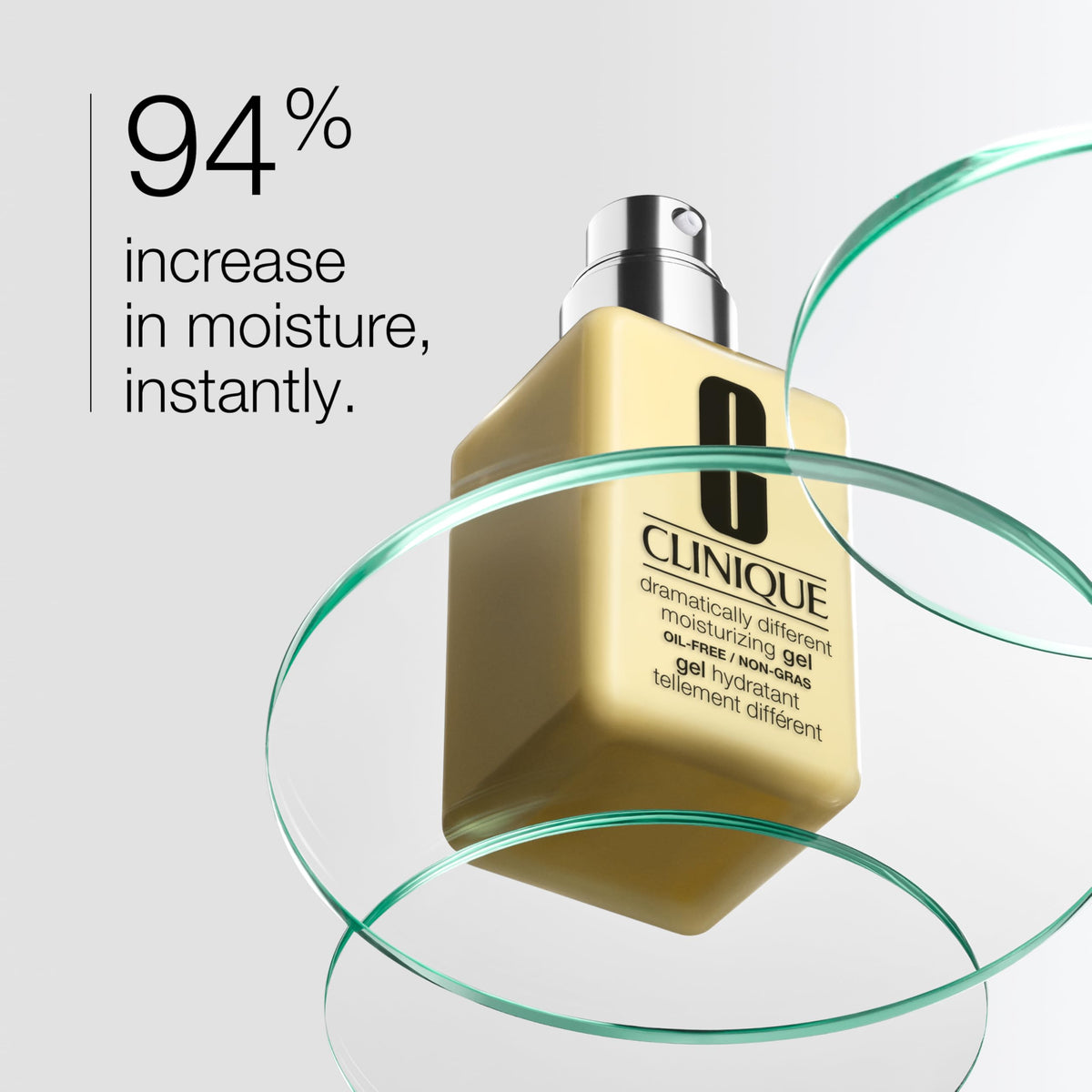 Clinique gel open dispenser with product texture, demonstrates easy, mess-free use