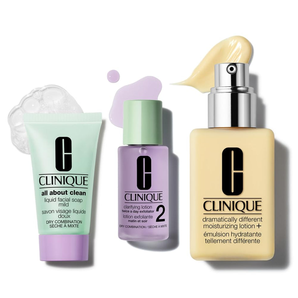 Clinique gift set front packaging showing all three products and benefits