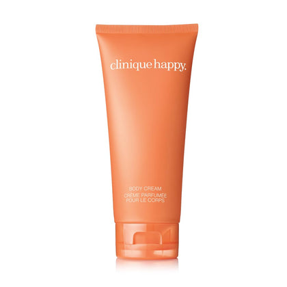 Clinique Happy body cream front tube showing label and scent notes for uplifting hydration