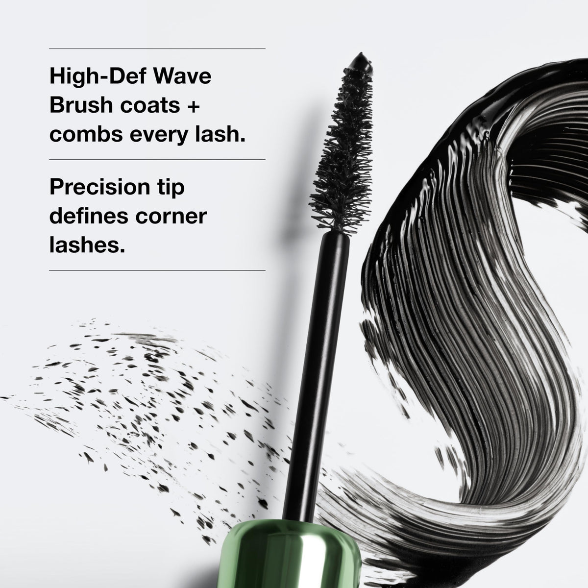 Clinique High‑Fi texture swiped on white card showing fiber infusion and smooth, non‑clumping finish