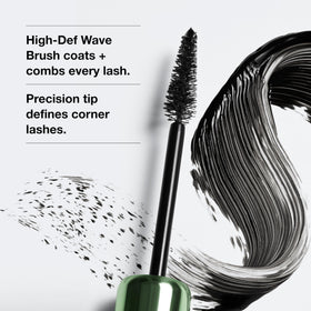Clinique High‑Fi texture swiped on white card showing fiber infusion and smooth, non‑clumping finish