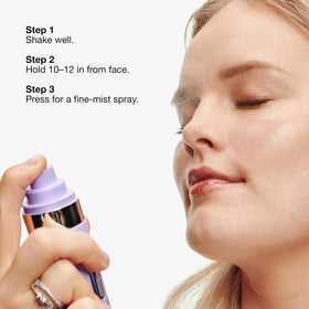 Clinique mist in use on model refreshing makeup and hydrating skin