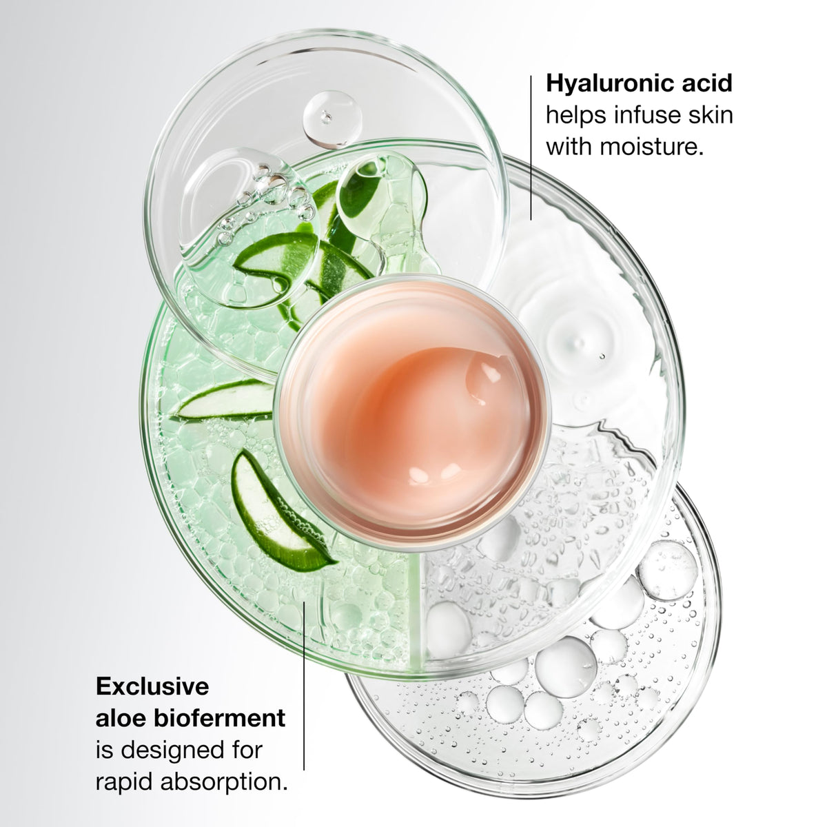 Clinique ingredient display highlighting hyaluronic acid and aloe bioferment for moisture retention