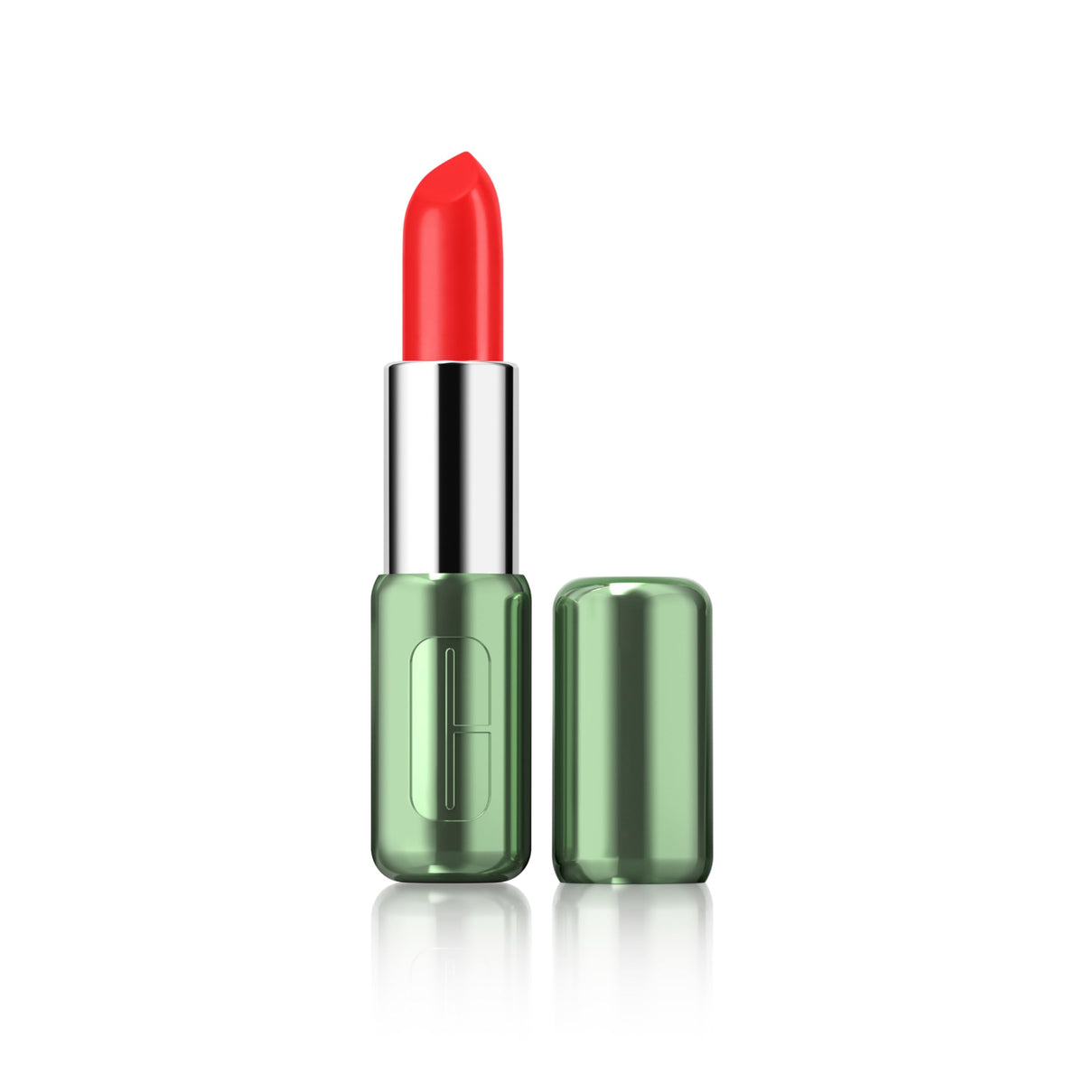 Clinique front view of Pop Longwear lipstick showing twist-up bullet and sleek case benefit precision