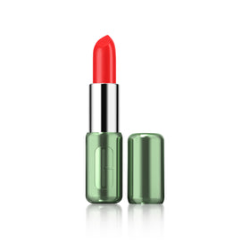 Clinique front view of Pop Longwear lipstick showing twist-up bullet and sleek case benefit precision