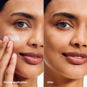 Clinique sunscreen swatch on hand illustrating quick blend and matte finish