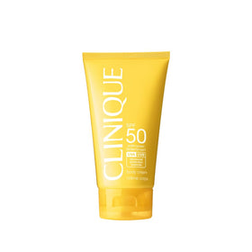 Clinique SPF 50 body cream front packaging showing 5 fl oz tube and label for confident protection