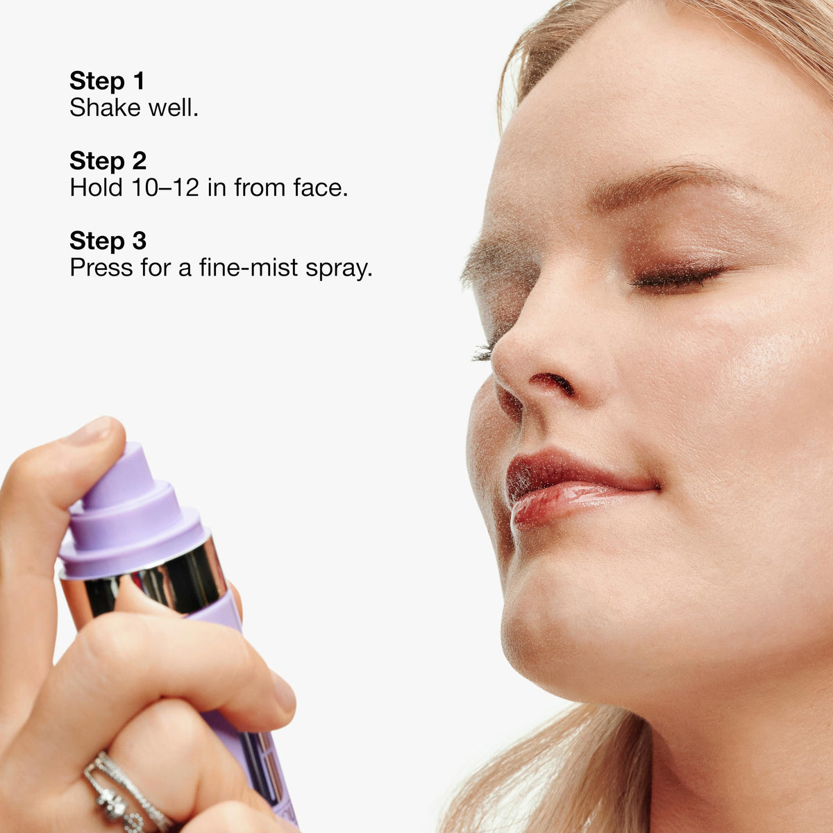 Clinique spray in use on model demonstrating convenient application and long-lasting makeup hold