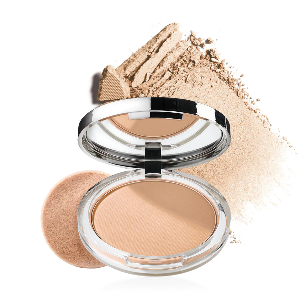 Clinique compact front view showing powder pan and mirror for quick mattifying