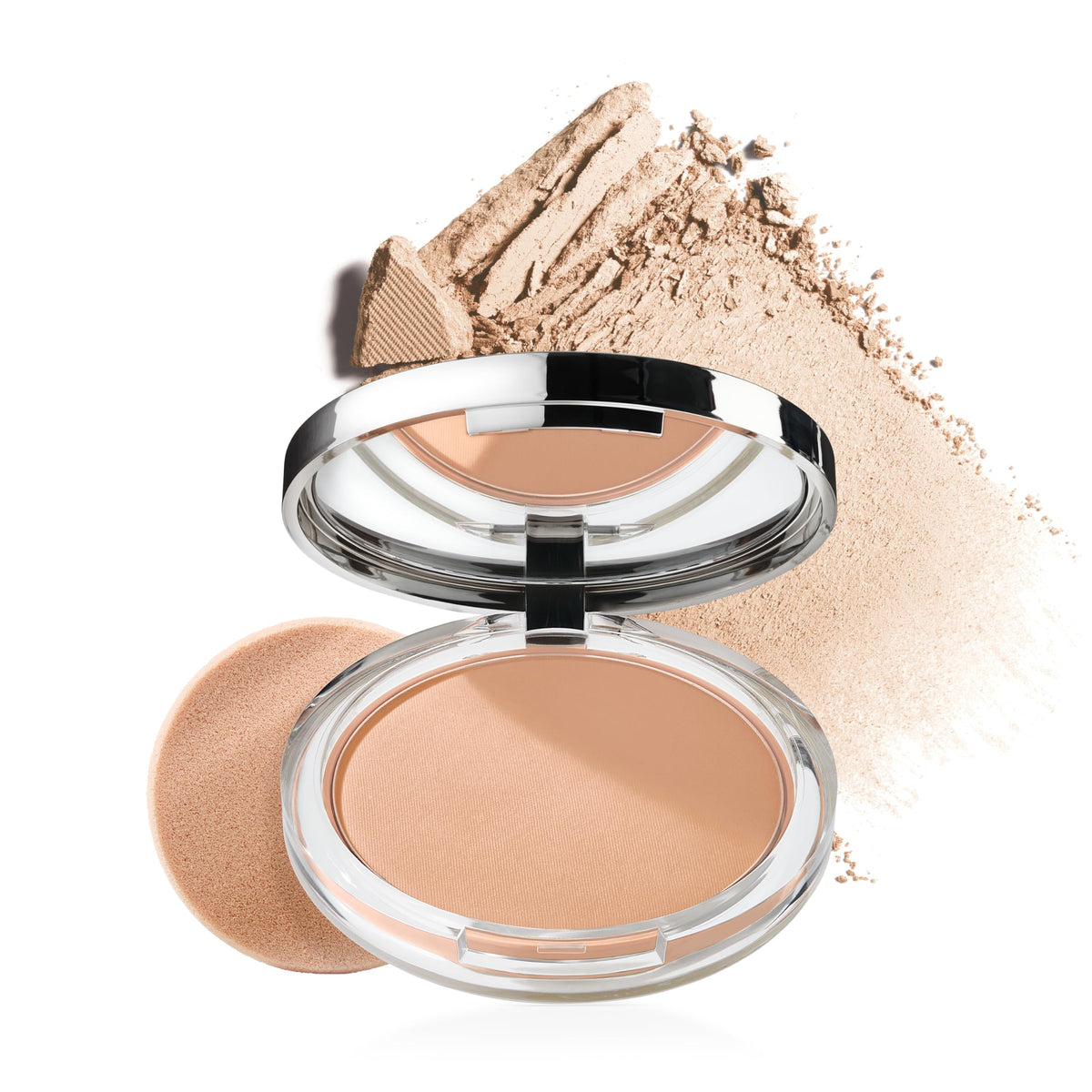Clinique compact front view showing sleek case and shade for easy carry benefit