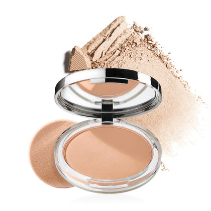 Clinique compact front view showing sleek case and shade for easy carry benefit