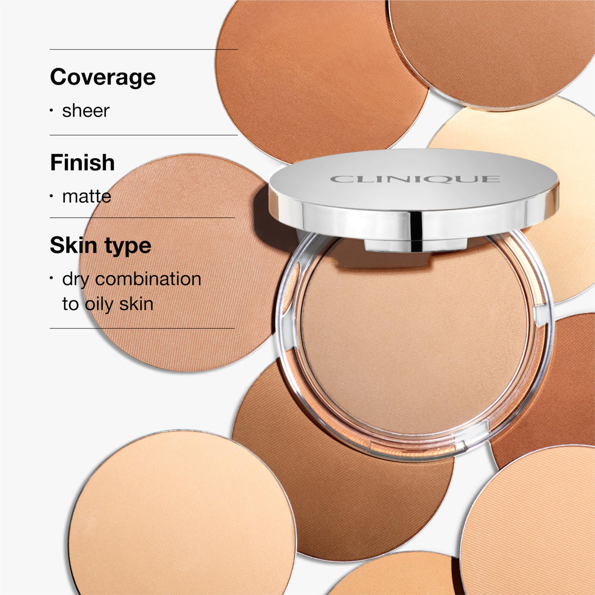 Clinique pressed powder texture close-up showing fine matte finish for shine control