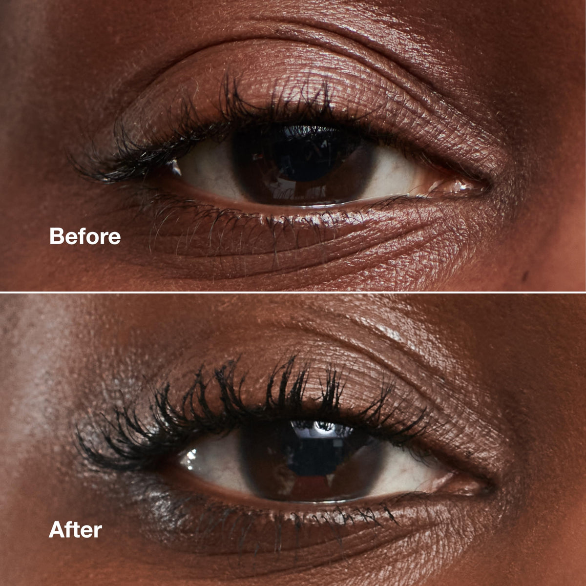 Clinique before-and-after lashes showing visible lift and length as benefit