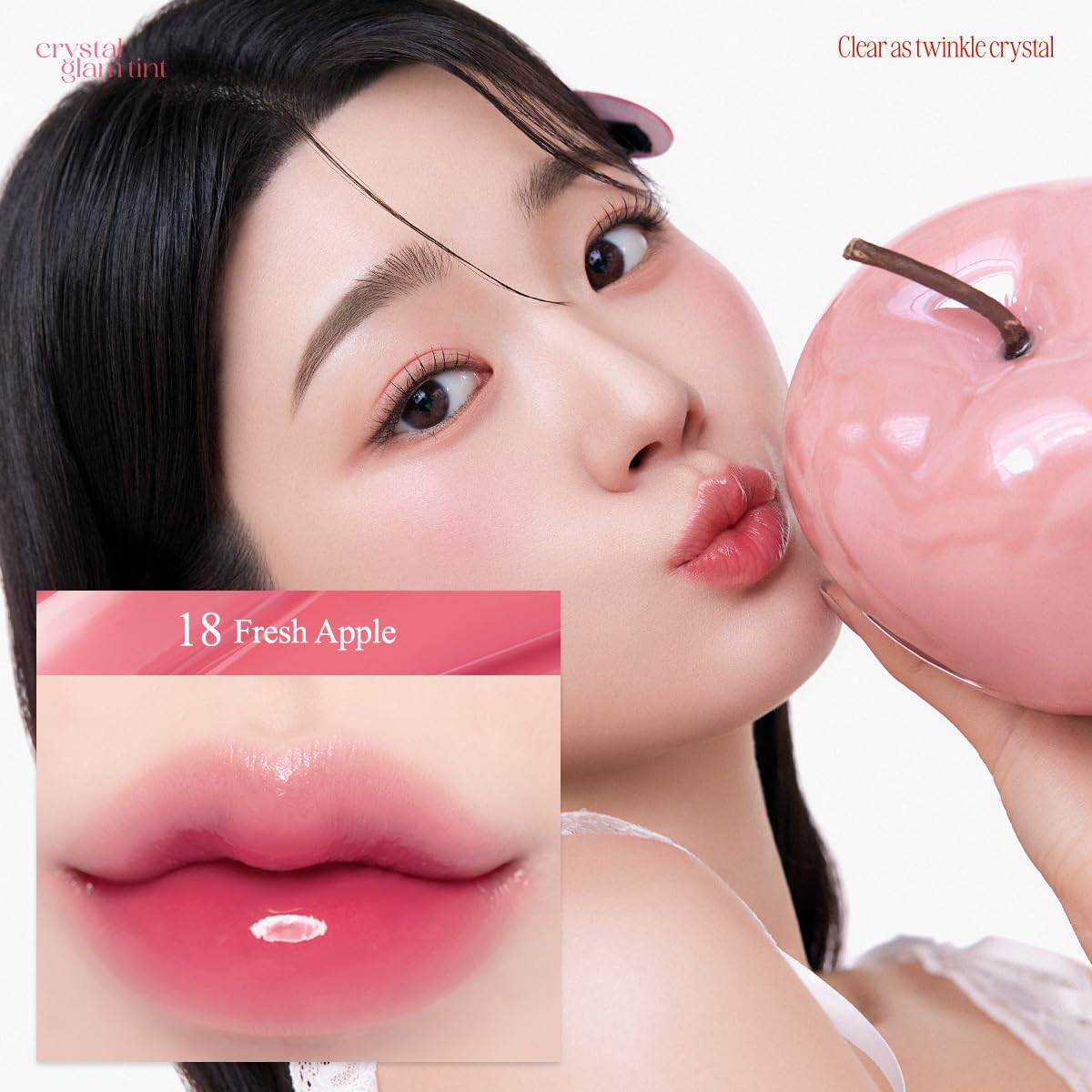 CLIO PROFESSIONAL tint applied on lips Fresh Apple showing vibrant glass-like shine benefit