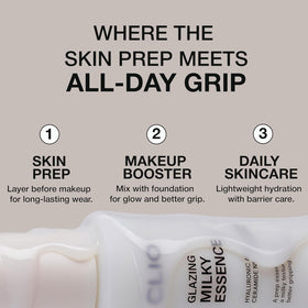 CLIO applying essence to cheek demonstrating smooth makeup-prep benefit