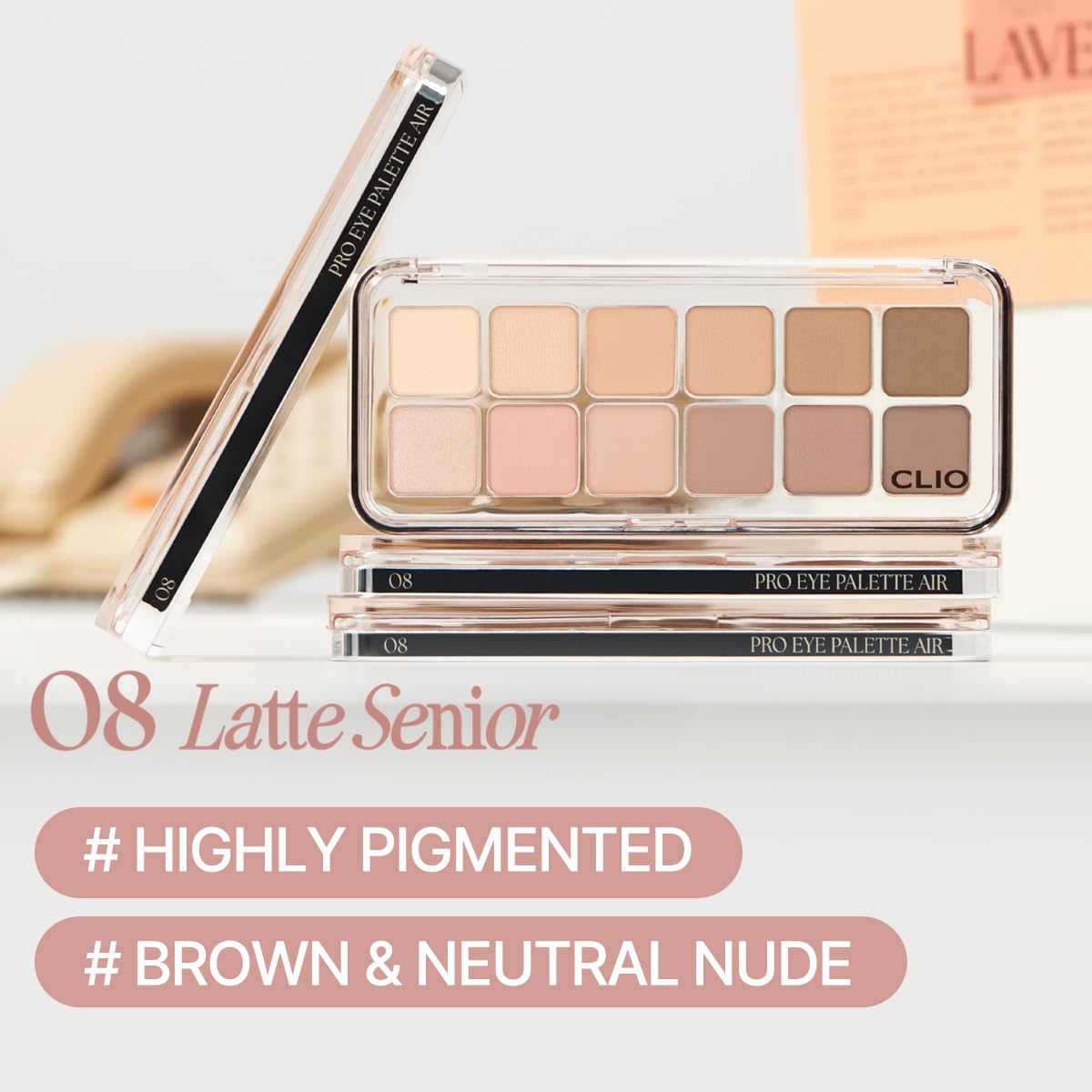 CLIO PROFESSIONAL Pro Eye Palette Air open top view displaying twelve warm nude shades for flexible looks