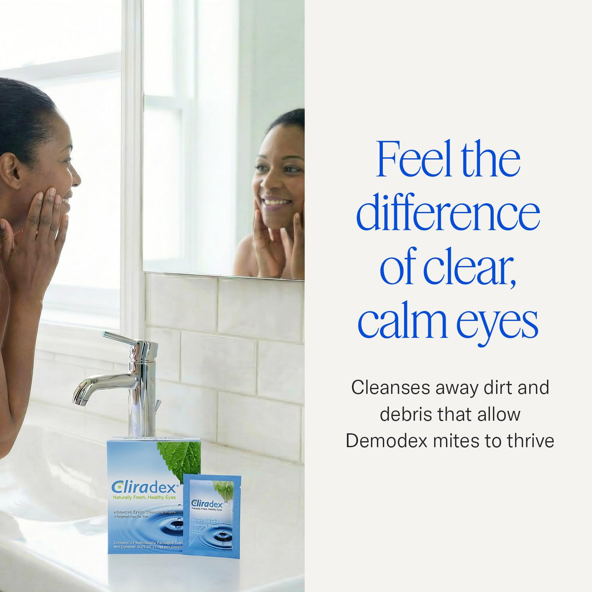 Cliradex wipe in hand showing how to apply to eyelid safely