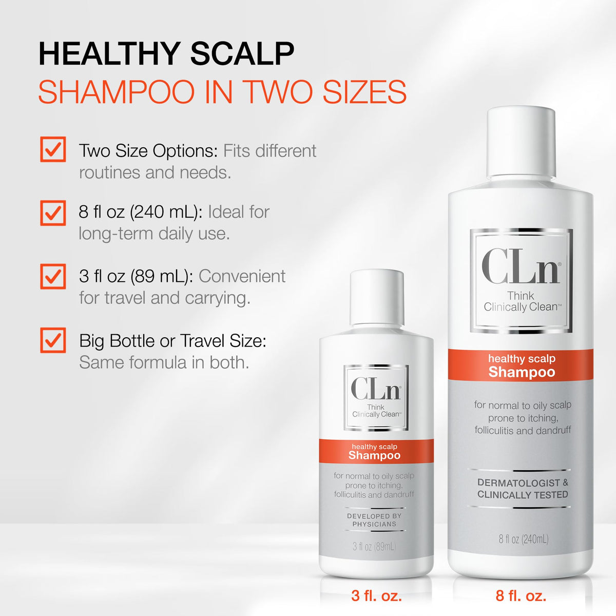 CLn bottle on bathroom shelf in lifestyle setting showing clinically minded daily routine