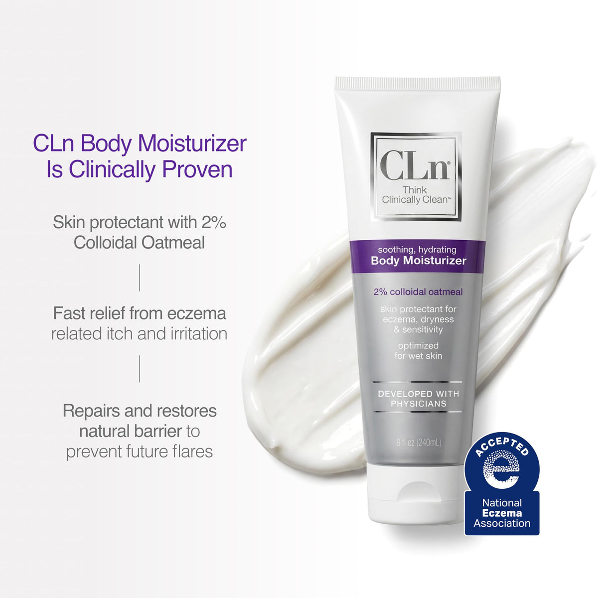 CLn colloidal oatmeal scoop next to bottle highlighting soothing ingredient
