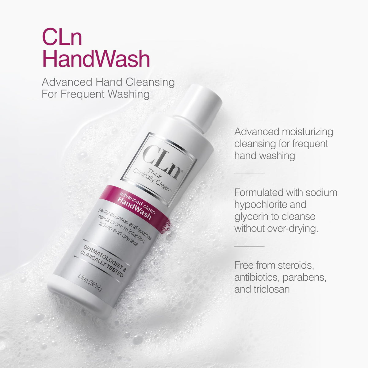 CLn handwash label close-up showing ingredient list and hydrating glycerin benefit